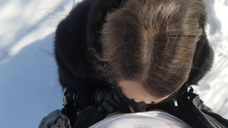Deep public blowjob in the winter park – POV cum in mouth