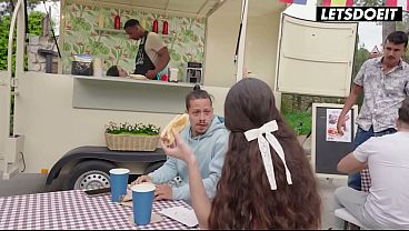Brunette Drops to Her Knees Behind the Counter to Gag on BBC